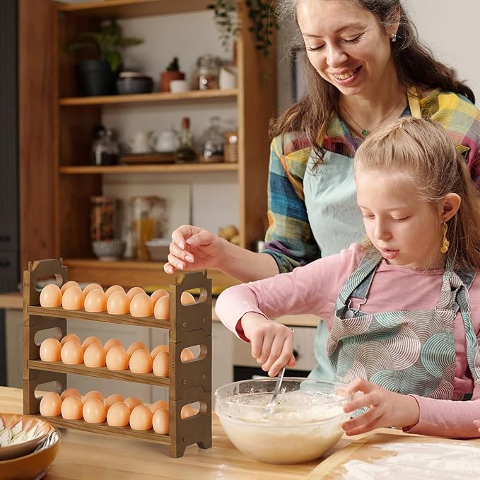 Wooden Egg Holder Countertop Fresh Chicken Egg Holders Storage for Gathering Fresh Eggs, 3-Tier Stackable with 36 Eggs, Farmhouse Home Eggs Rack Organizer Decoration