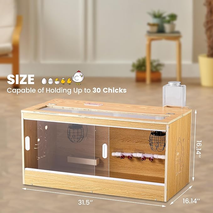 Brooder for Chicks, 32" Chicken Brooder with Feeding & Watering System, Upgrade Sliding Door Design, Super Easy to Clean Up to 30 Chicks 32" L x 16" W x 16" H