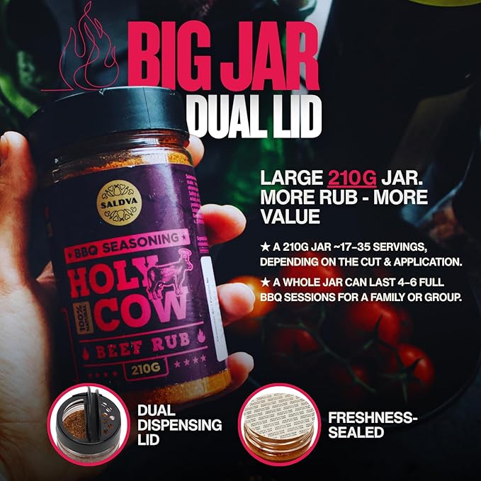 Holy Cow BBQ Beef Rub - 100% Natural Seasoning - Packs Amazing Flavour Into Any Cut Of Beef For Wonderful BBQ And Grill Dishes - Perfectly Balanced Blend Of Spices - Large Jar (210g)