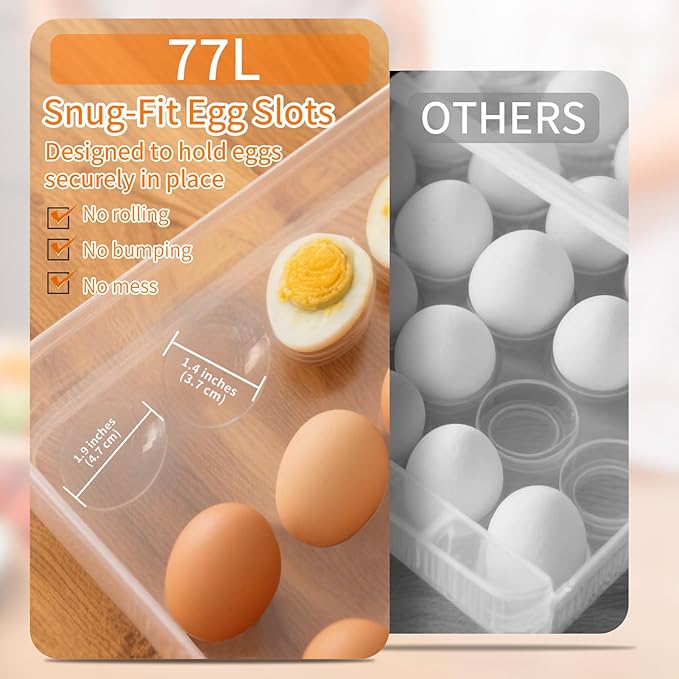 77L Deviled Egg Containers with Lid, Set of 3 Stackable Egg Carriers, Holds 72 Eggs for Refrigerator, Clear Trays for Parties & Holidays