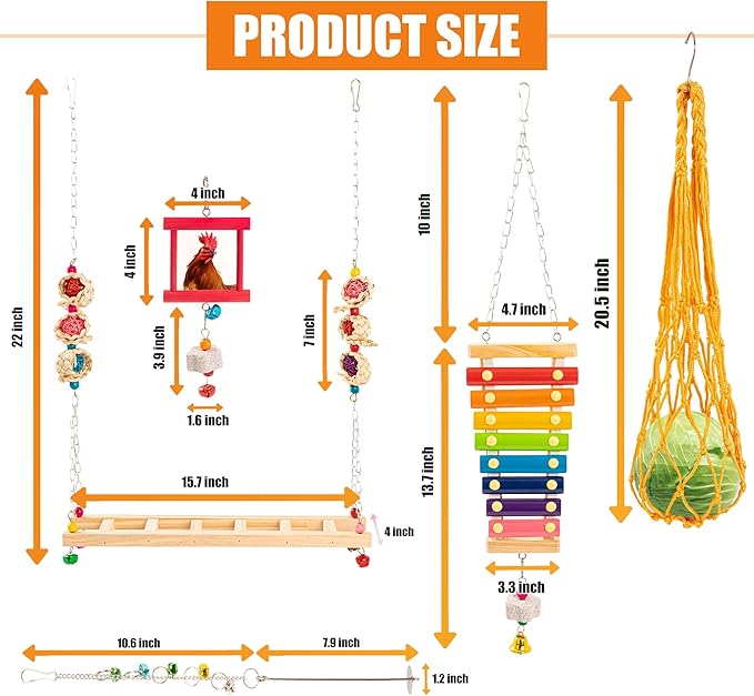 9 PCS Chicken Coop Toys, Chicken Swing Toys for Chickens Xylophone Mirror with Bell Hanging Vegetable Fruits Skewers Feeders Chick Coop Toy for Hen Birds Parrots