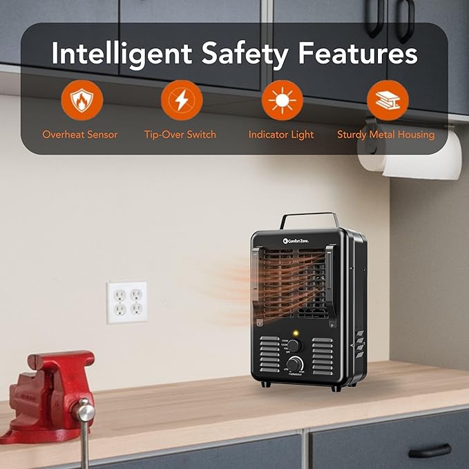 Comfort Zone Electric Portable Milkhouse Style Utility Space Heater with Adjustable Thermostat, Overheat Protection, and Safety Tip-Over Switch, Ideal for Garage or Greenhouse, 1,500W, CZ798BK