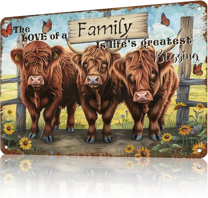Cow Tin Sign Farm Metal Sign Highland Cows The Love of A Family Rustic Decor Vintage Tin Sign Home Kitchen Bar Cafe Farm Club Cave Wall Decor 12 * 8in
