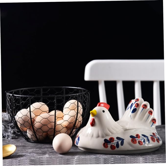 Gcroet Ceramic Egg Holder, Hollow-Out Wire Chicken Egg Holder with Chicken Shaped Lid, Non Slip Basket Countertop with Handle for Gathering Fresh Eggs...