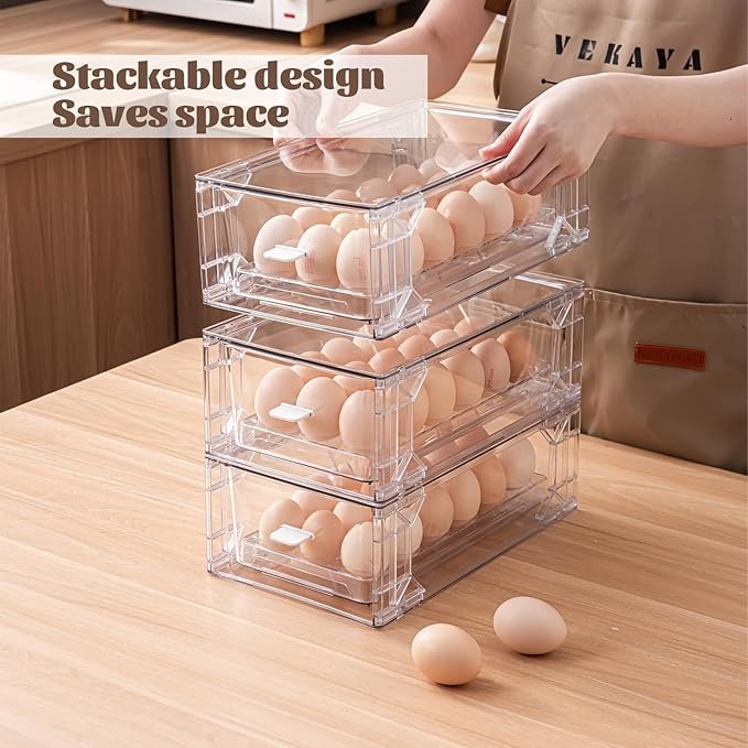BPA-Free Egg Storage Drawer - Stackable Refrigerator Egg Holder, 2 Pack, 36 Egg Tray.