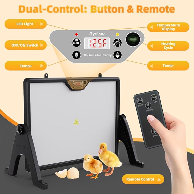 Smart Chick Brooder Heater Plate with Adjustable Temperature (86–167°F) & 0–12H Timer, Built-in Temperature Sensor, 12"x16" Dual-Sided Brooder Plate for Chicks, Remote Control & Adjustable Angle