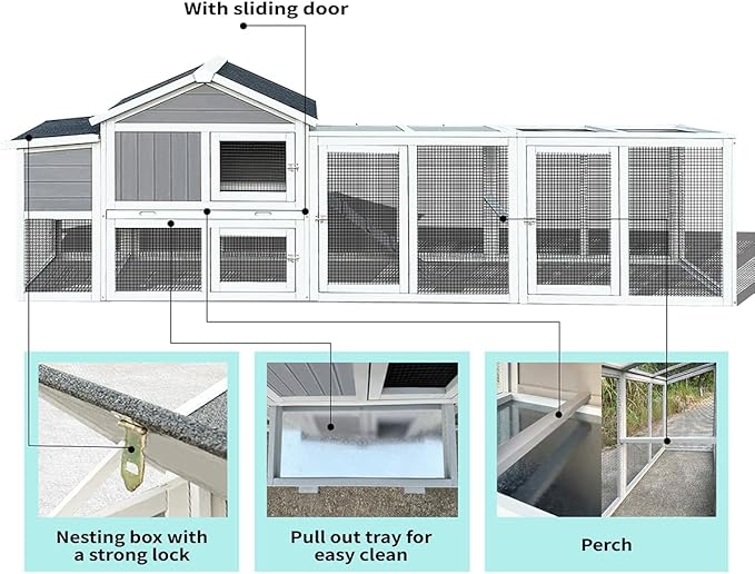 ZMAD Large Chicken Coop with Run, Wooden Hen House for 2-5 Chickens, Outdoor Chicken Run Poultry Cage Rabbit Cage Duck House with Nesting Box (Grey)