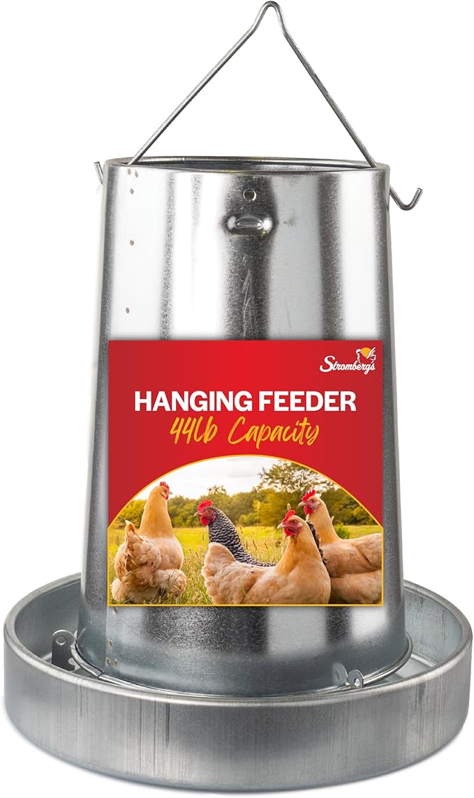 Stromberg's Metal Hanging Poultry Feeder, Galvanized Heavy Duty Steel, Holds 44 lbs, Rolled Edges for Safety, Secure Feed Flow Lock, Versatile Use Free Standing or Hanging