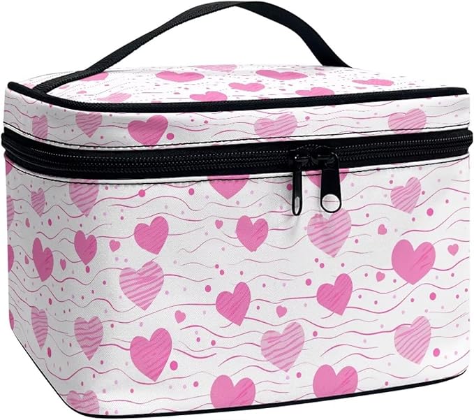Travel Makeup Bags for Women Portable Tote Cosmetic Case with Carry Handle Toiletry Accessories Storage Organizer Bags for Valentine's Day, Heart Shapes Pink