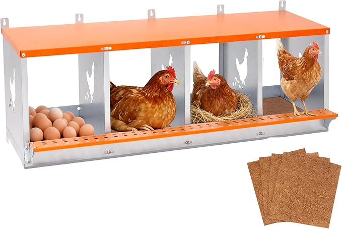 Chicken Nesting Box, 4 Compartment Metal Nesting Boxes for Chickens, Wall Mountable Chicken Laying Boxes, Easy Egg Collection, with Nesting Pads, Indoor & Outdoor Use, 42.5" L x 17" W x 15" H