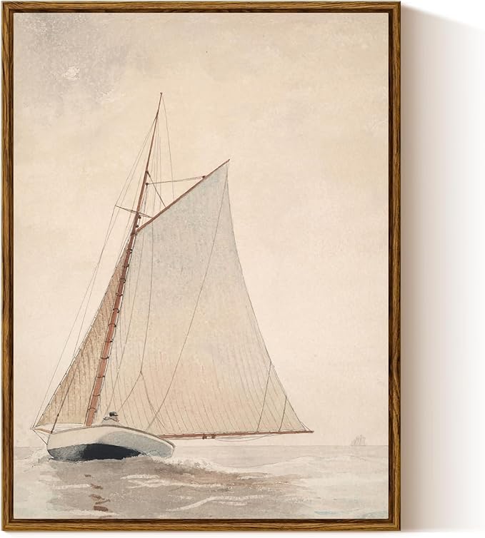 InSimSea Framed Canvas Wall Art, Classical Coastal Wall Decor White Sailboat Seascape Artwork Vintage Painting Beach Home Decor Boho Wall Pictures Farmhouse Art Prints Bathroom Office 12x16in