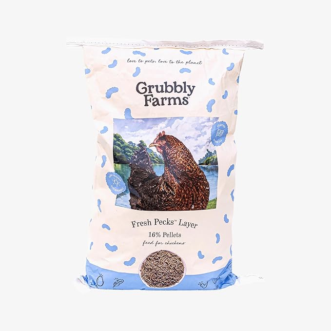 Grubbly Farms Fresh Pecks Layer Chicken Feed Pellets - 16% Layer Feed for 20+ Week Old Hens, Batams, and Larger Breeds - Contains Black Soldier Fly Grubs - No Soy, Corn, or Fish - 30 lb Bag