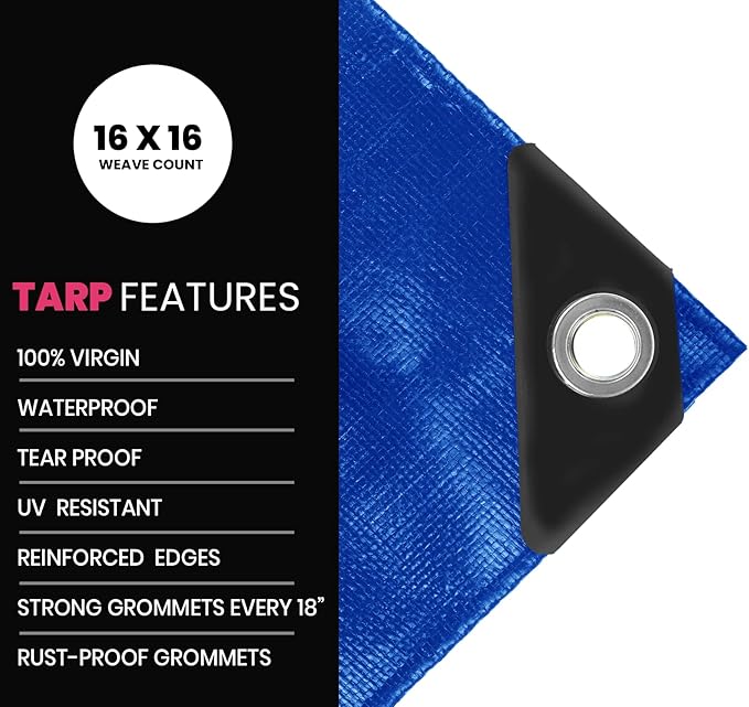 PROTARP Extreme Heavy Duty 22 Mil Tarp Cover, Waterproof, UV Resistant, Rip and Tear Proof, Poly Tarpaulin with Reinforced Edges for Roof, Camping, Patio, Pool, Boat. (Blue 12′ X 16′)