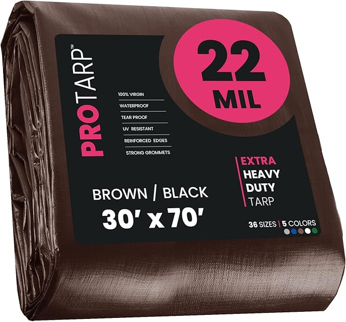 PROTARP Extreme Heavy Duty 22 Mil Tarp Cover, Waterproof, UV Resistant, Rip and Tear Proof, Poly Tarpaulin with Reinforced Edges for Roof, Camping, Patio, Pool, Boat. (Brown/Black 30′ X 70′)