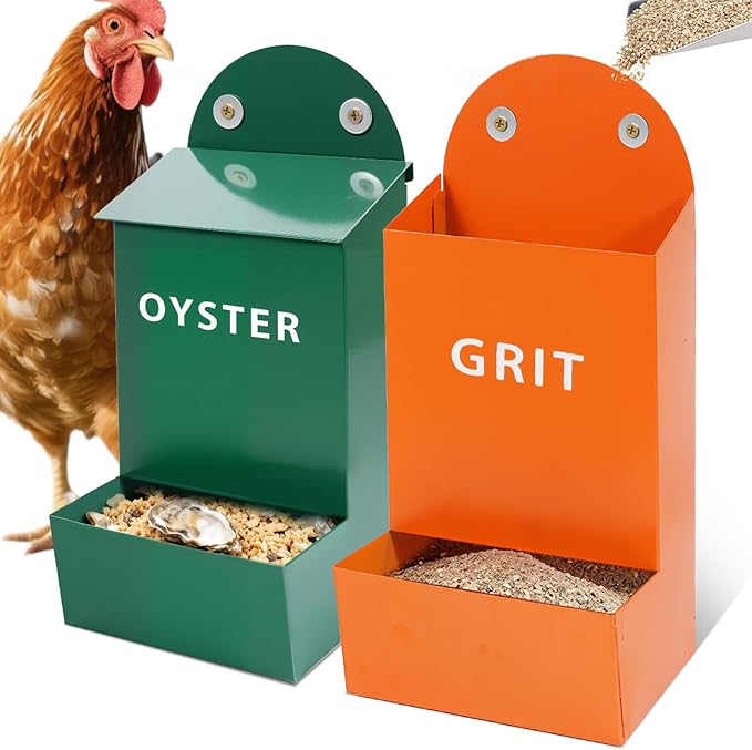 2Pack Chicken Grit and Oyster Shell Feeder,Heavy-Duty Metal Chicken Feeder with Lid Coop Accessories Supplies Hanging Gravity Poultry Feeders Trough for Strong Eggs