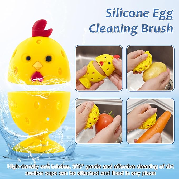 Silicone Egg Brush Cleaner,Multipurpose Fresh Eggs Fruit and Vegetable Rotating Scrubber Tool,and Sisal Wooden Brush with Ceramics Holder Reusable Cleaning Tools for Cleaning Eggs&Vegetables, Pans