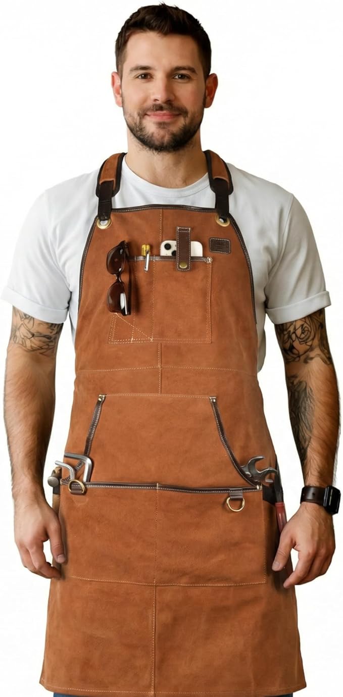 LEATHER VILLAGE Work Apron - Heavy Duty Woodworking Apron for Men with Tool Pockets for Woodworkers, Blacksmiths, Carpenters – Tan Color (Size M to XXL)