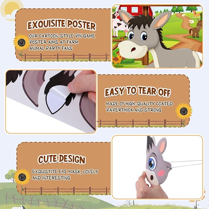 Faccito Farm Animal Games Pin The Tail on The Animals Barn Birthday Party Decorations Farm Poster Games with 24 Stickers Eye Mask for Family Activities Birthday Party Decor Supplies (Donkey)