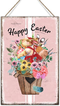 Wall Art Decor Sign Happy Easter Flower Basket Bunny Sign French Style Floral Pink Stripes Wood Signs Farmhouse Easter Decor Welcome Spring Hanging Sign for Bedroom 8x12in