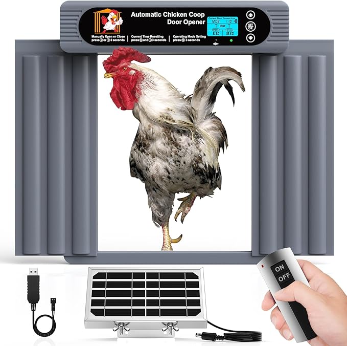 Automatic Chicken Coop Door,Programmable Timer & Light Sensor Modes, LCD Display, Solar Powered Auto Chicken Door Opener with Remote Control (30m)