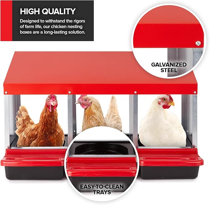 Chicken Nesting Boxes for Laying Eggs, 3-Compartment Roll-Away Nesting Boxes for Chickens Coop with Perch, Hens, Ducks & Other Poultry, Includes 3 Wooden Dummy Eggs