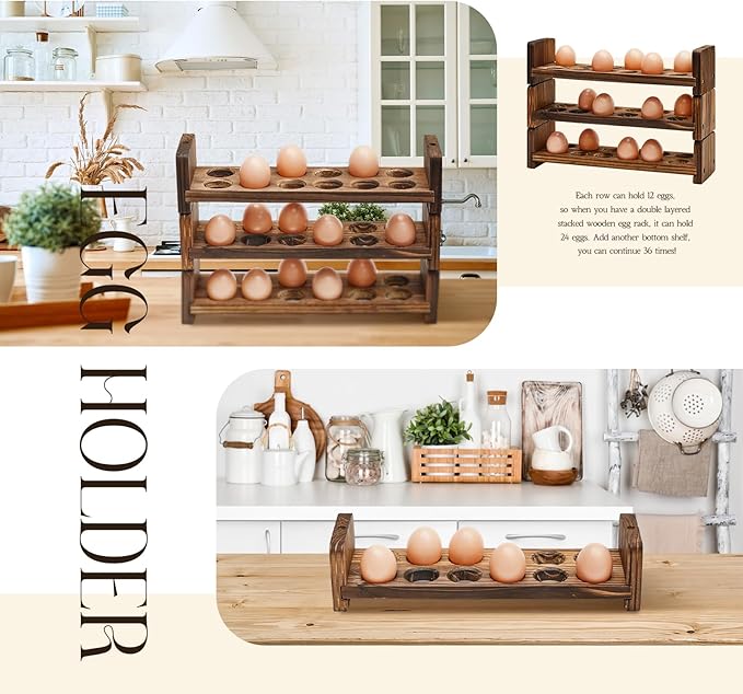 Wenqik Wooden Egg Holder 3 Layer Egg Rack for 36 Eggs Stackable Egg Storage for Countertop Egg Tray Egg Organizer Rustic Kitchen Decoration Uneven Color Wooden Crafts, Need to Assemble