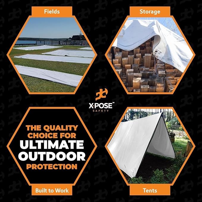 Heavy Duty White Poly Tarp 12' X 16' - Multipurpose Protective Cover - Durable, Waterproof, Weather Proof, Rip and Tear Resistant - Extra Thick 12 Mil Polyethylene - by Xpose Safety