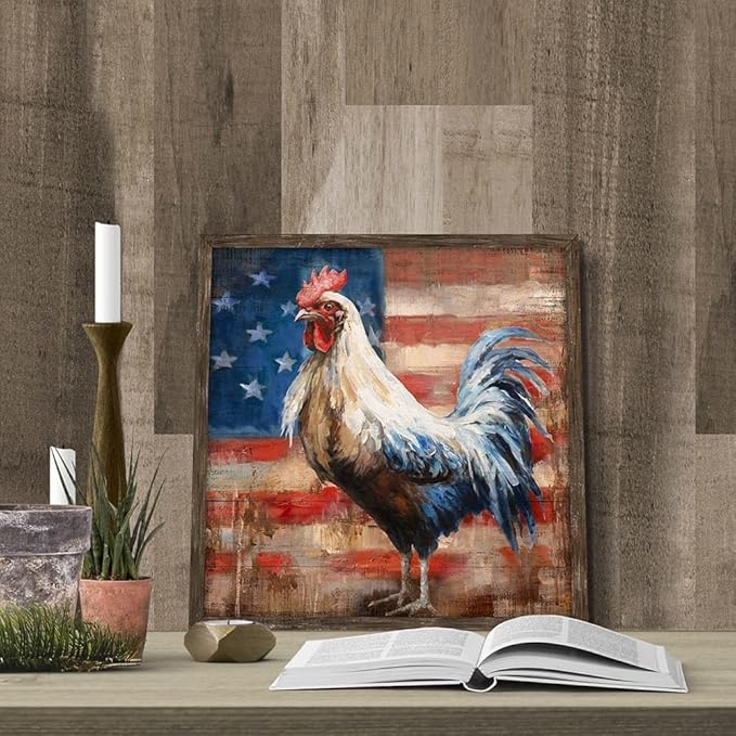 Rooster Wooden Wall Art Decor: Farm Animal Picture Country Cock Flag Framed Artwork Farmhouse Chicken Painting is the Perfect Combination of Energy Nature for the Kitchen Country House Bedroom 16"x16"