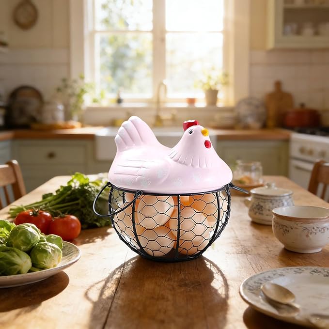 Egg Storage Organizer for Kitchen Countertop, Ceramic Chicken Lid with Wire Basket Dispenser, Black Chicken Egg Holder for Fresh Eggs, Rustics Egg Dispenser Rack for Farmhouse Decor (Pink)