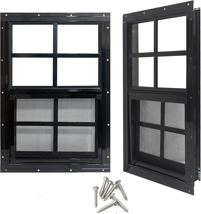 Yuzzy 24" x 27" Shed Windows with Tempered Glass and Fiberglass Screen, 2 Pack Small Sliding Windows for Shed, Chicken Coop, Playhouse, Household, Garage, Barns (Black)