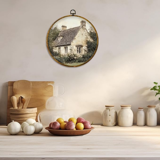 CUANFDDSF Vintage Rustic Countryside Round Wall Art, Retro Farmhouse Framed Hanging Wall Decor, Cottagecore Antique Country Landscape Canvas Prints Decorations for Home Bedroom Living Room, 10x10 Inch