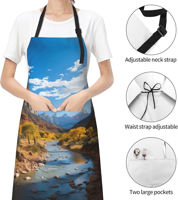 Kitchen Aprons for Men Women Waterproof Apron with 2 Pockets Skis on mountain Apron Adjustable Bib Aprons
