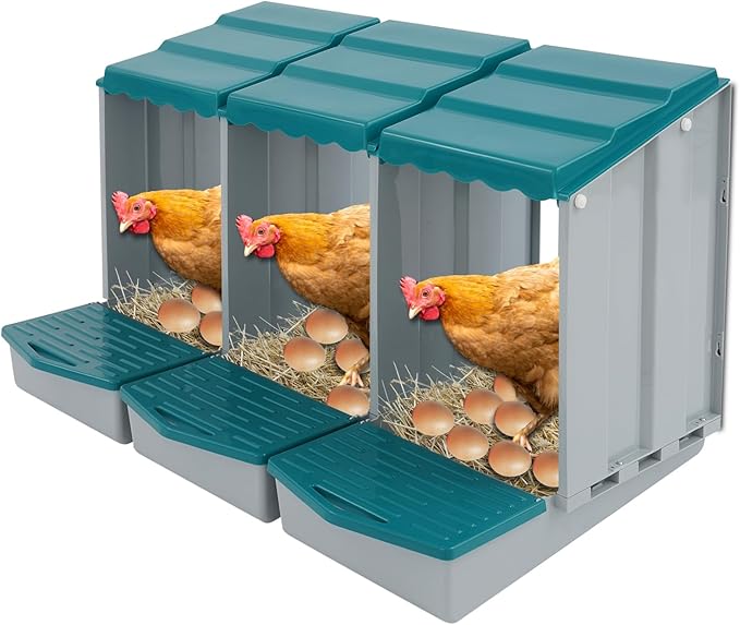 Chicken Nesting Box, 3 Compartments PP Nesting Box, Wall Mountable Nesting Boxes with Inclined Top, Drain Holes & Resting Platform for Chicken and Poultry to Collect Eggs