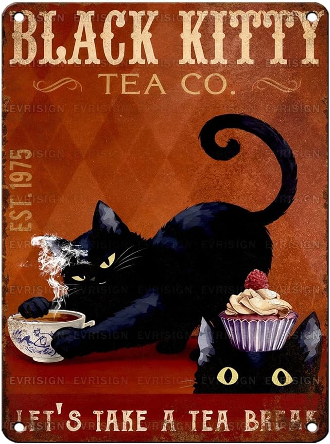 Vintage Black Cat Tin Sign Let's Take A Tea Break Retro Metal Sign Funny Cat Lovers Nostalgic Wall Decor Decorations for Home Office Cafe Shop Kitchen Bar Living Room Bedroom 16 * 12In
