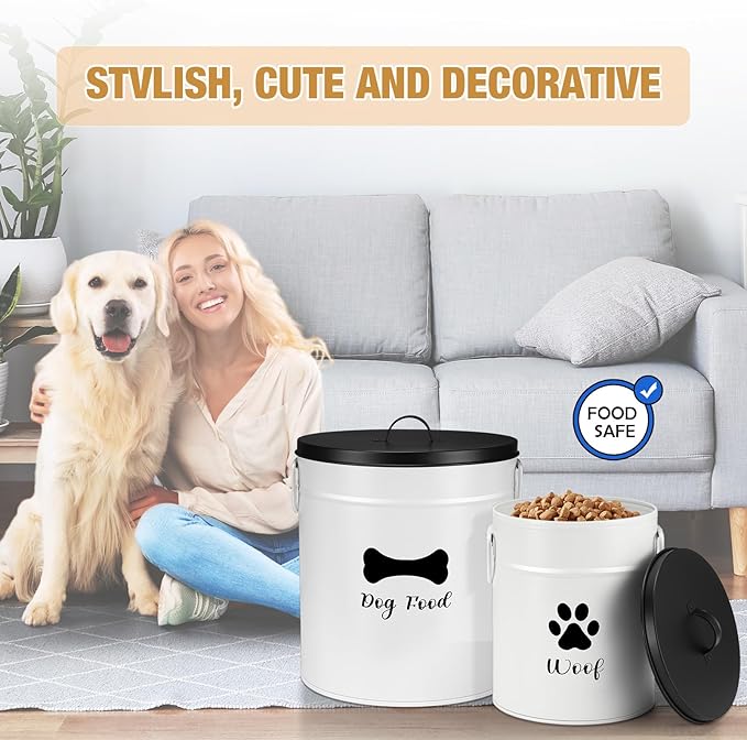Extra Large 23+10 lbs Metal Dog Food Storage Containers Set of 2 Airtight Dog Treat Snack Jars with Lids and Spoon Farm House Style Big Pet Cookie Jar for Kitchen Counter Gift