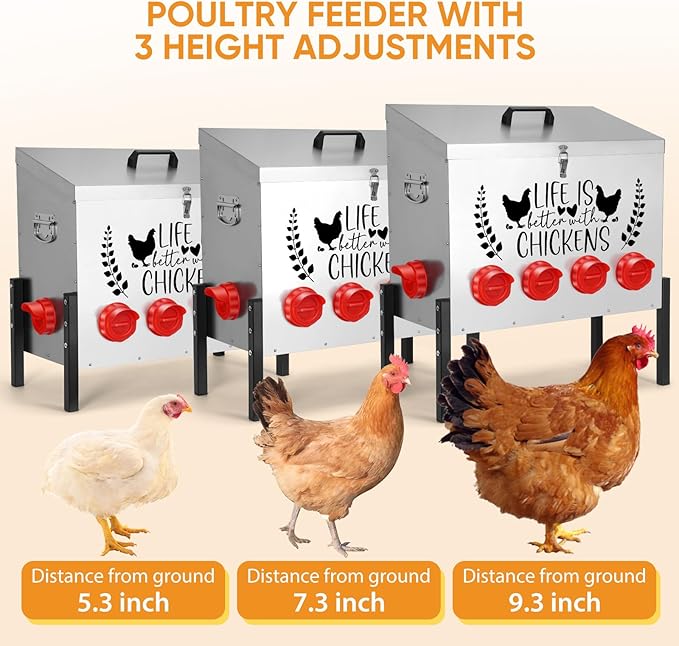 95 lb Chicken Feeder with 10 No-Waste Ports – Extra-Large Galvanized Metal Poultry Feeder with Adjustable Height Heavy-Duty Stand – Outdoor Feed Box for Chickens, Ducks & Geese