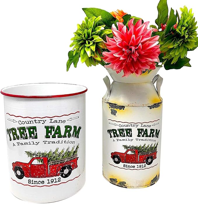 Christmas Holiday Bucket Container Decor Organizer Antique Truck White / Country Line Tree Farm / (9.7" Milk Can)