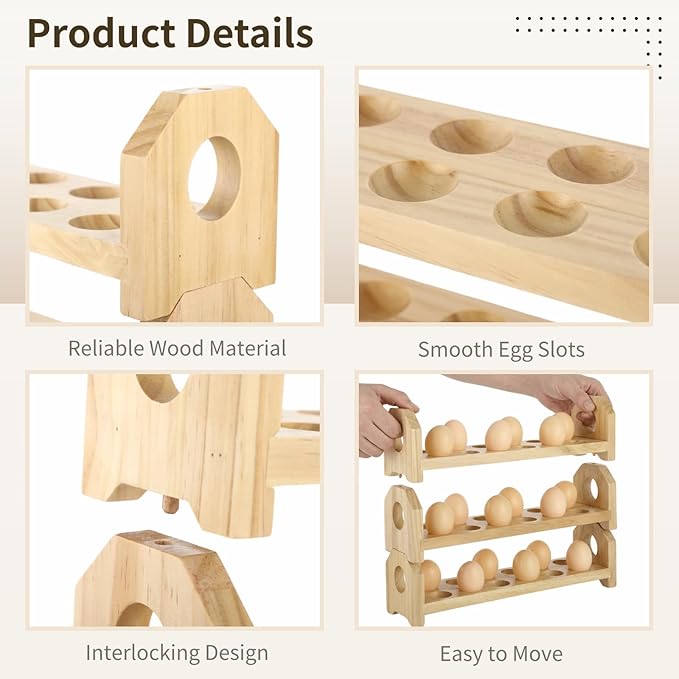 3 Layers Wooden Egg Holder Fresh Egg Holders Countertop Firewood Egg Collecting Rack for Gathering Fresh eggs, Stackable with 36 eggs, Home Kitchen Organizer