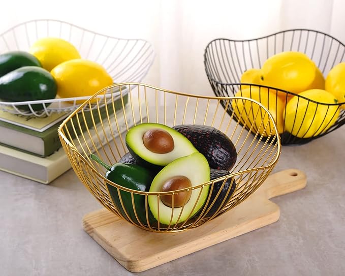 IBWell High Style Curved-Edge Modern Creative Stylish Single Tier Dish,Metal Iron Wire Fruit Vegetables Bread Decorative Stand Serving Bowls Basket Holder (Gold)