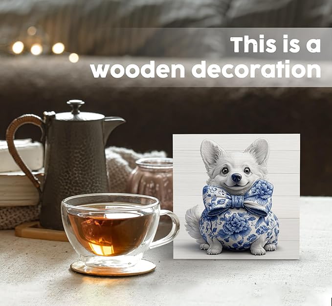 Chinoiserie Corgi Wooden Signs, Grand Millenial Bow Blue Floral Home Decor, Blue and White Porcelain Desk Decorations, Farm Animal Office Kitchen Bathroom Decor