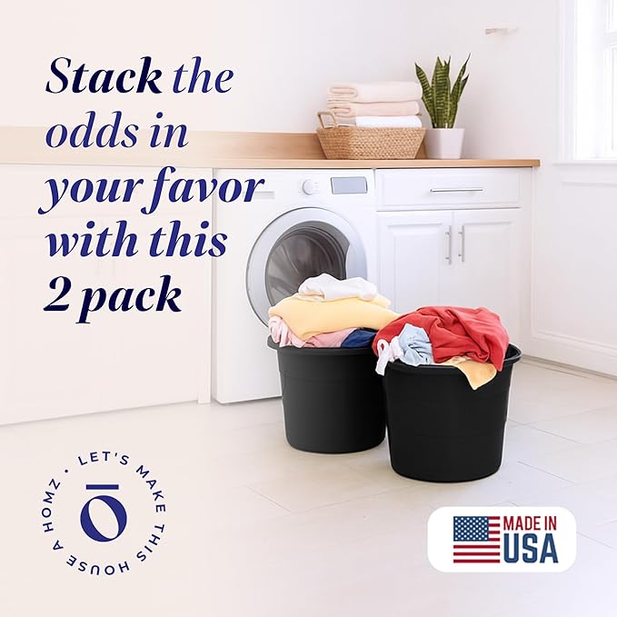 HOMZ 2-Pack Utility Tub, Large Plastic Storage Bucket with Rope Handles, 17 Gallon, Black - Portable Indoor and Outdoor Buckets for Kitchen, Laundry, Garden, Bathroom, and Garage Organization