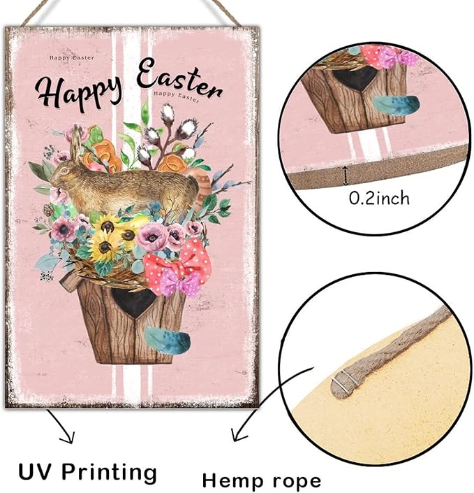 Happy Easter Flower Basket Bunny Wall Hanging Plaques French Style Floral Pink Stripes Wooden Sign Plaque Happy Easter Welcome Spring Wood Plaque for Home Office Porch 12x18in