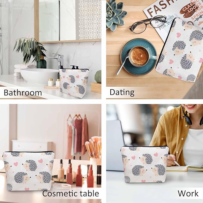 Hedgehog Makeup Organizer Bag Cosmetic Bag For Men Women, Cute Animal Hedgehogs Grey Travel Toiletry Bag Flax Makeup Bags Purse Business Makeup Pouch For Toiletries Cosmetics