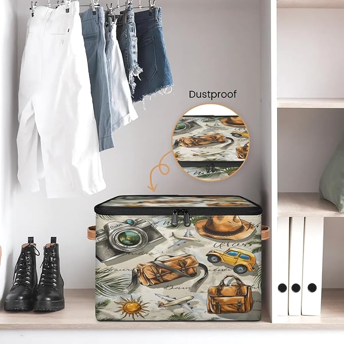 Storage Cubes with Lid Fabric Storage Bins Boxes PU Leather Handles, Cars Travel Closet Organizer Container Foldable Washable Shelf Cloth Basket, Tropical Palm Leaves