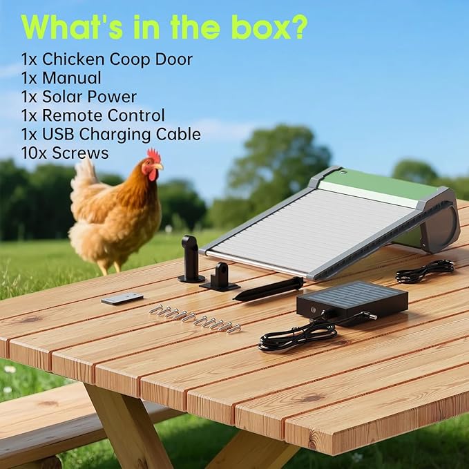 Automatic Chicken Coop Door Solar-Powered Chicken Coop Door with Remote Control - Smart Timer & Light Sensor, Anti-Pinch Safety Design, Large Weatherproof Entry for Poultry (Green)