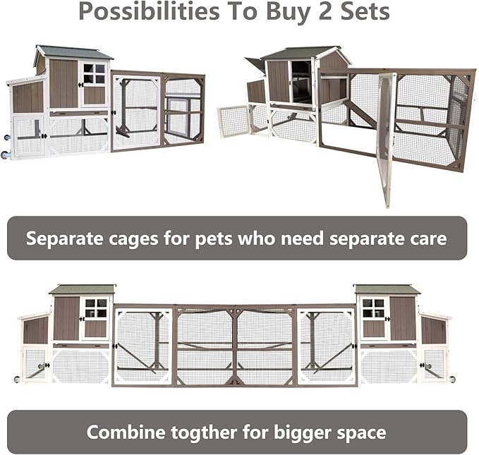 Chicken Coop Mobile Wooden Hen House with Nesting Box,191" L Outdoor Chicken House with Wheels and Removable Tray,Fir Wood Chicken Tractor with 6 Ventilation Door and Ramp-Grey(2 Sets)