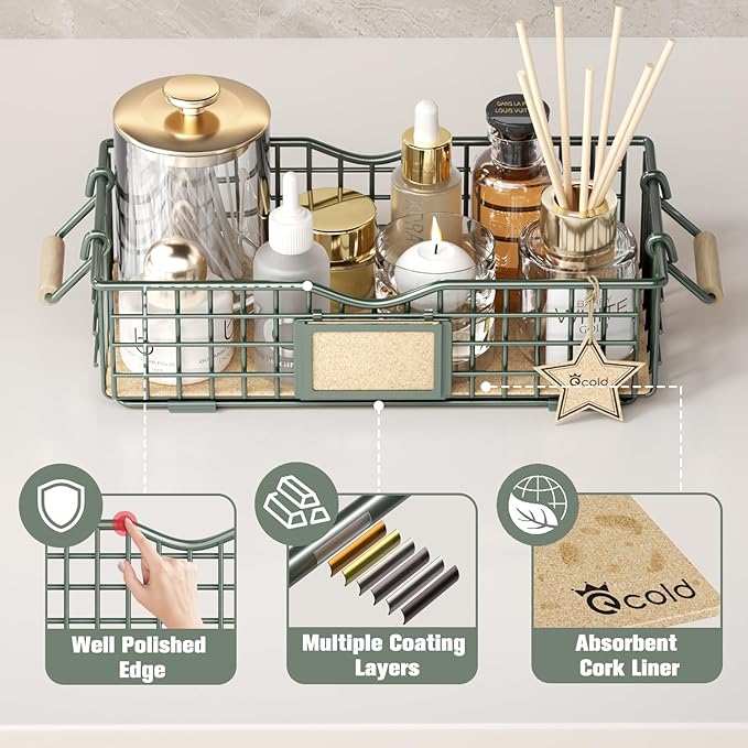 Bathroom Organizers and Storage, 4 Pack Storage Baskets for Shelves, Multipurpose Bins Organizer with Wooden Handles, Decorative Organizer Basket Set for Bathroom, Laundry, Living Room - Green