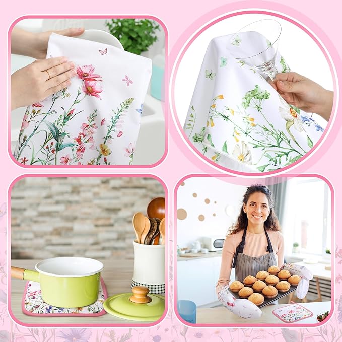 10 Pcs Wildflower Kitchen Dish Towels Rugs Oven Mitts and Pot Holders Set Farmhouse Kitchen Decor Set for Women Mom Daughter Gift Cooking Baking Grilling (Pastel Pink White)