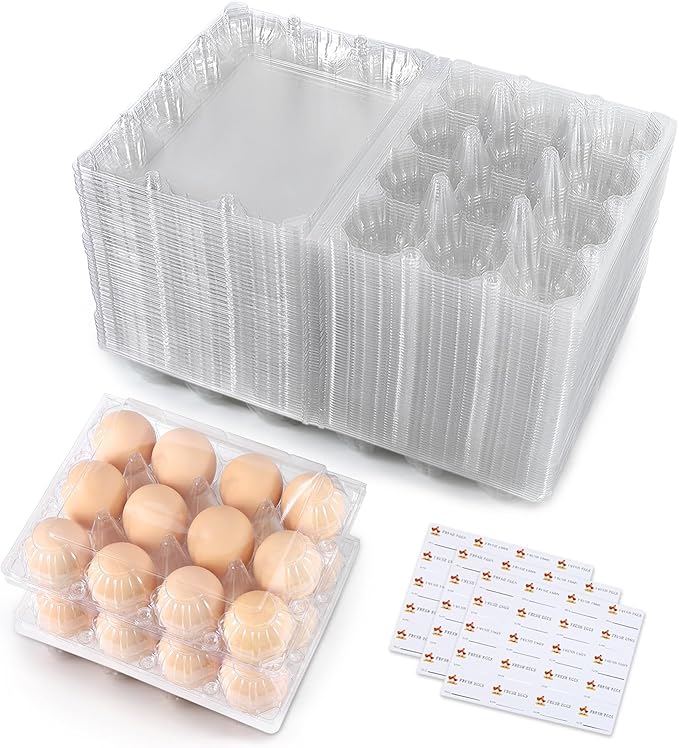 Egg Cartons 60 Pieces, Egg Cartons Cheap Bulk, Eggs 12 Count, Clear Plastic Reusable Egg Tray Container Holder for Family Pasture Chicken Farm Refrigerator Storage, Business Market with Sticker Labels