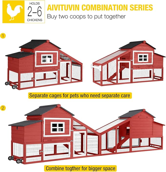 Aivituvin Mobile Chicken Coop with Wheels for 2-4 Chickens, Backyard Expandable Chicken House Duck Cage with Run, 2 Nesting Boxes, Easy Clean Pull-Out Tray, Leak-Resistant Asphalt Roof, 72.3"(Red)